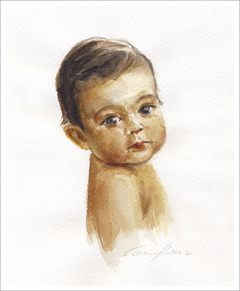 Angelina, 1 year, baby portrait in watercolour