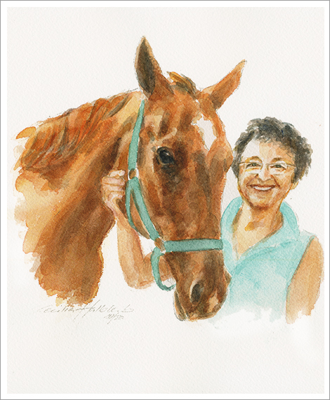 Biggi with her horse Sadonsk, portraits in watercolour