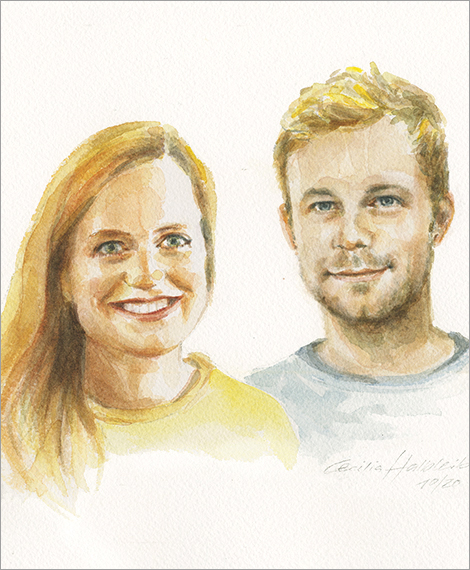 Franziska + Moritz, brother and sister, double portrait in watercolour