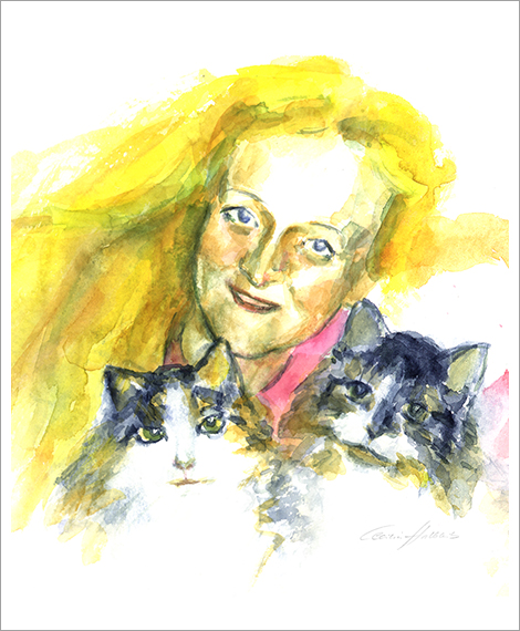 Helga mit ihren beiden Katzen, Tier- und Menschenportrait in Aquarell