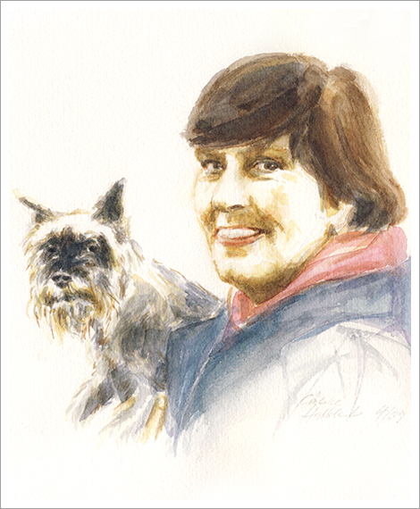 Ilse with her dog Kati, portraits in watercolour