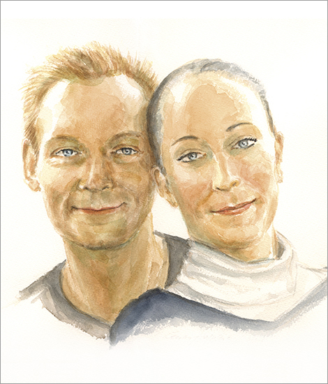 Jo + Kirstin, couple about 35, double portrait in watercolour