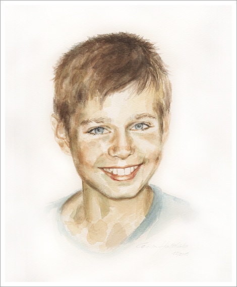 Leonhard, 10 Jahre, Kinderportrait in Aquarell