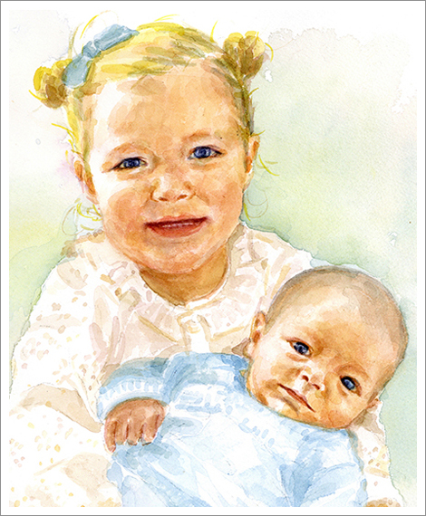 Louisa + Carl, 3 years and newborn, sister +brother portrait in watercolour