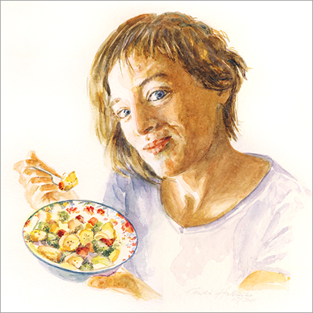 Marie with fruitsalat bowl, young woman, ortrait in watercolour