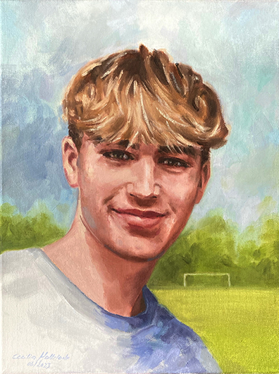 Matthias, young man on a soccer field, portrait in oil