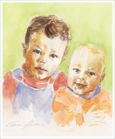 Rocco + Ferry, Geschwister, 3 + 1,5 Jahre, Kinderportrait in Aquarell