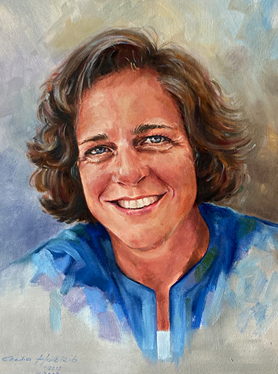 Stephanie, lady with blue shirt, portrait in oil